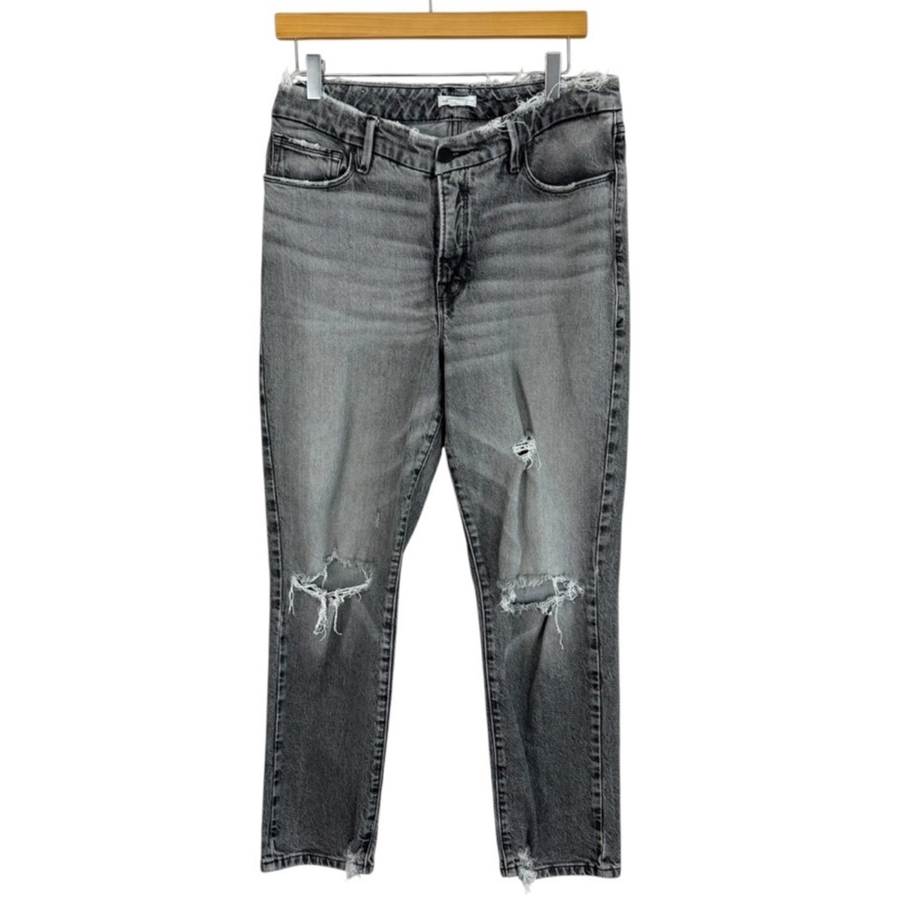 Good American Slim Straight Jeans Size 10 / 30 Gray Distressed Waist Knee